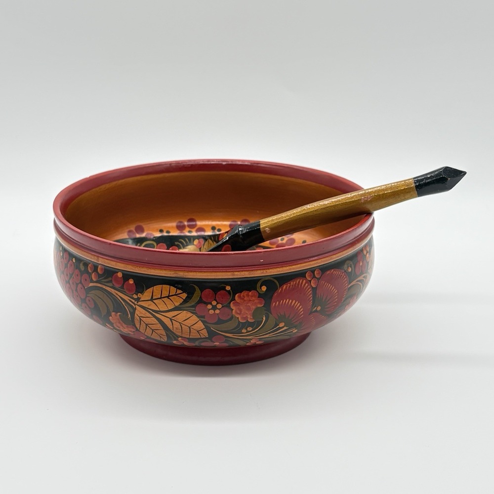 Russian Art Khokhloma Wooden Bowl Matching Spoon Traditional Floral Berry Design - Picture 2 of 16